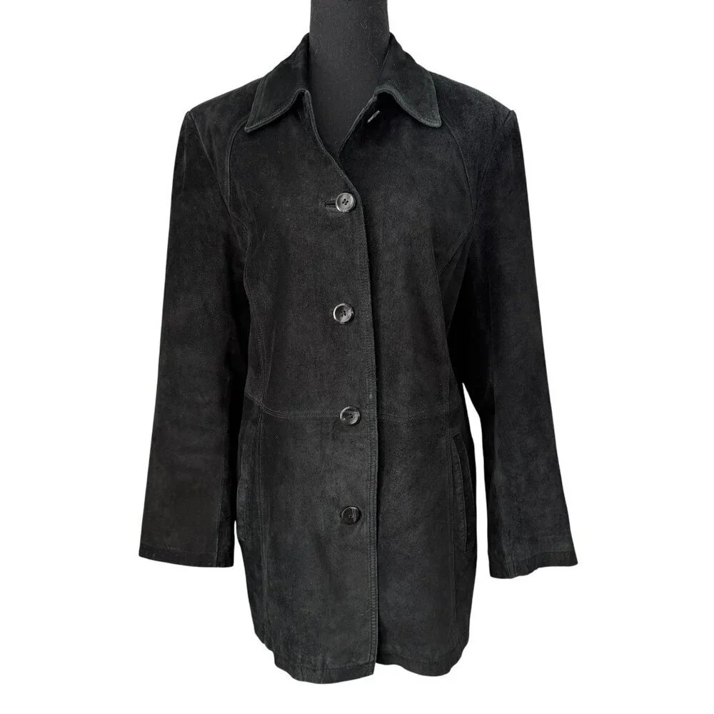 Vintage 90s BERNARDO Suede Leather Car Coat Jacket Black Large